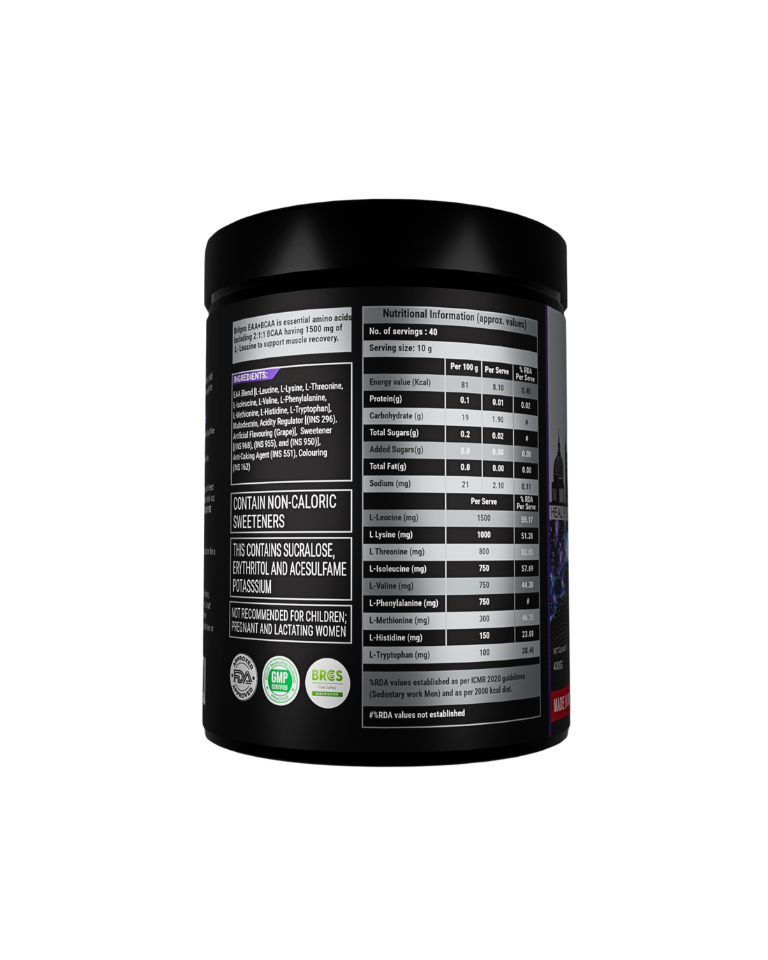 BRITPRO London EAA + BCAA Essential Aminos | 2:1:1 BCAA Ratio | 400GM